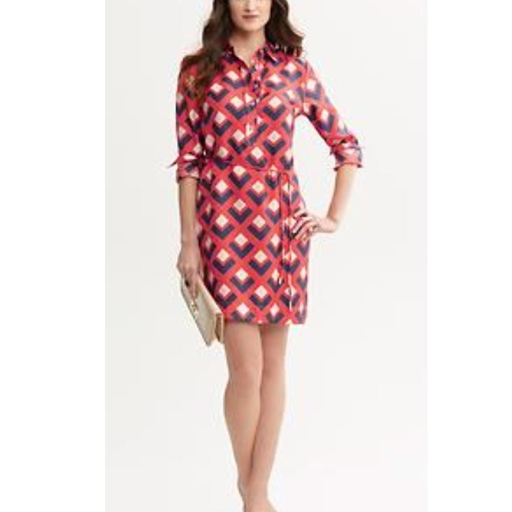 Banana Republic Mad‎ Men Collection Mod 100% Silk Geo Print Shirt Dress Sz 4
